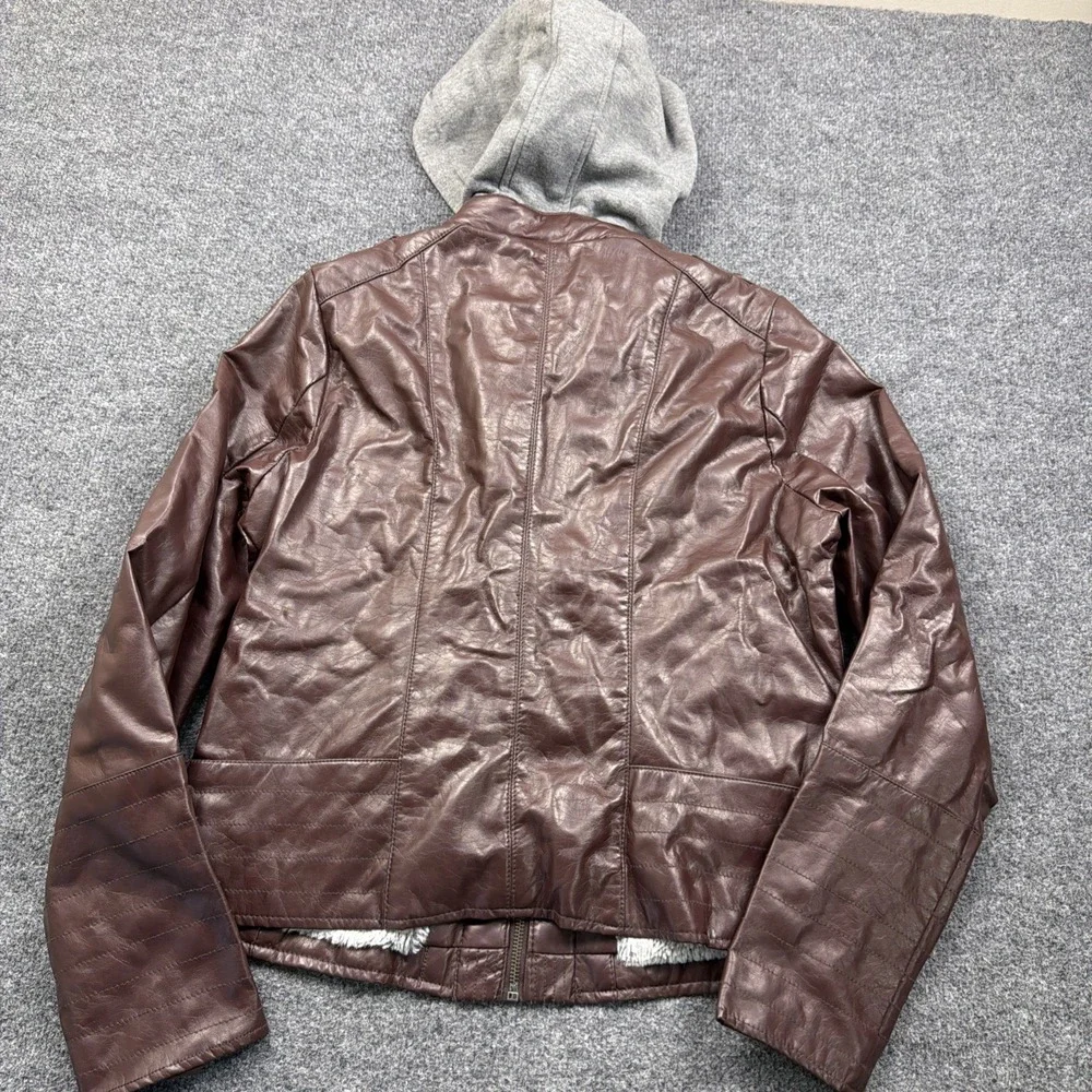 J2 Women's Large Brown‎ Faux Leather Fur Hooded Fashion Jacket Fur Lining